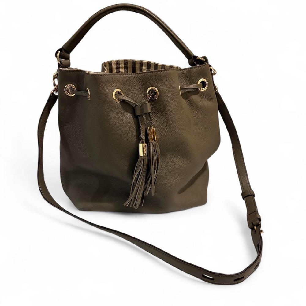 Henri Bendel Olive Green Pebbled Leather Tassel Bucket Bag Crossbody Handbag